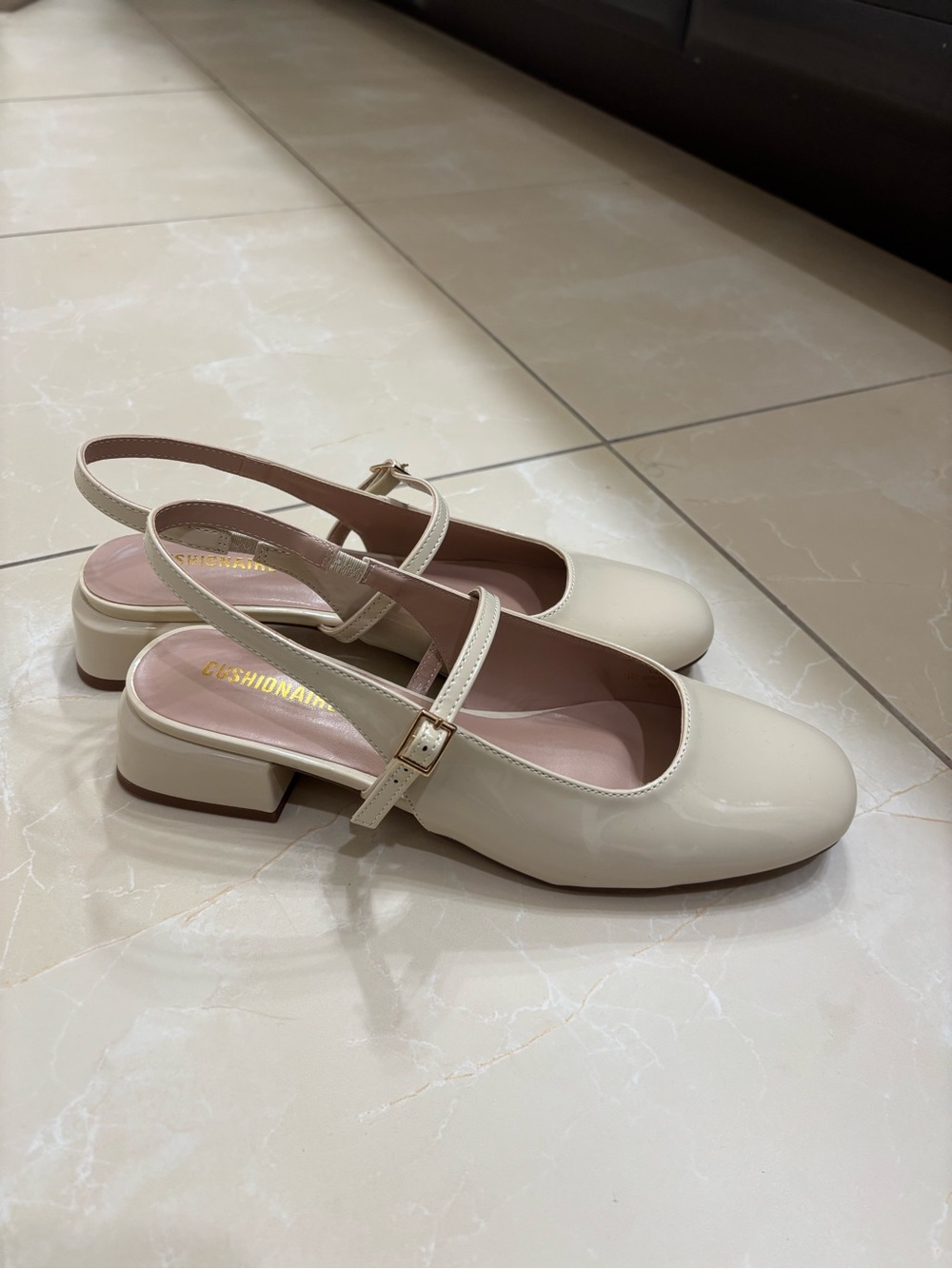 Cream Patent Slingback Mary Jane Flats with Buckle Strap
